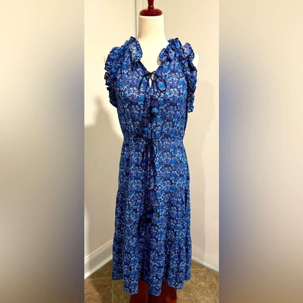 Blue Floral Midi Dress with Ruffle Shoulders